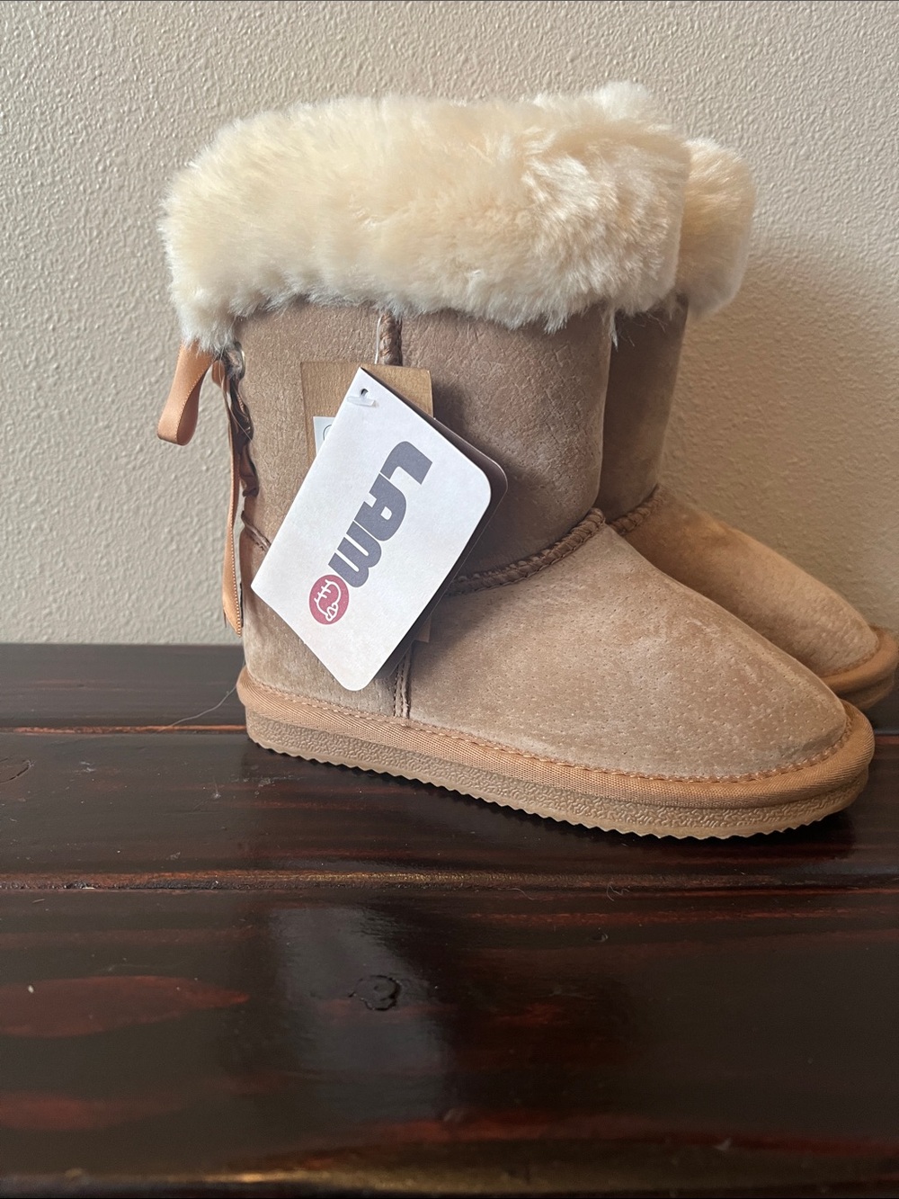 Lamo Kids Tan Suede Boots with Cream Shearling Cuff